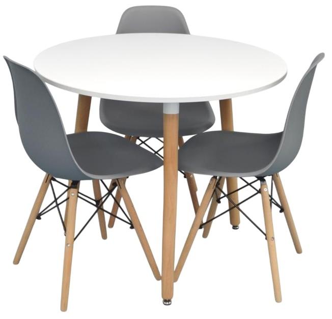 Set de masa si scaune Evelin DT 404-1 WO (Alb / Lemn) + 3 scaune LC-021 Grey (Gri)
