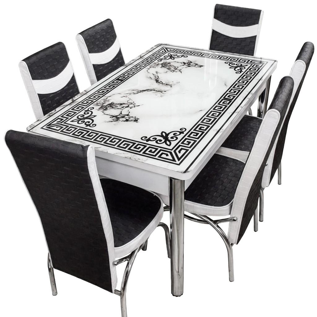 Set de masa si scaune Kelebek (1118) + 6 scaune Merchan Negru / Alb