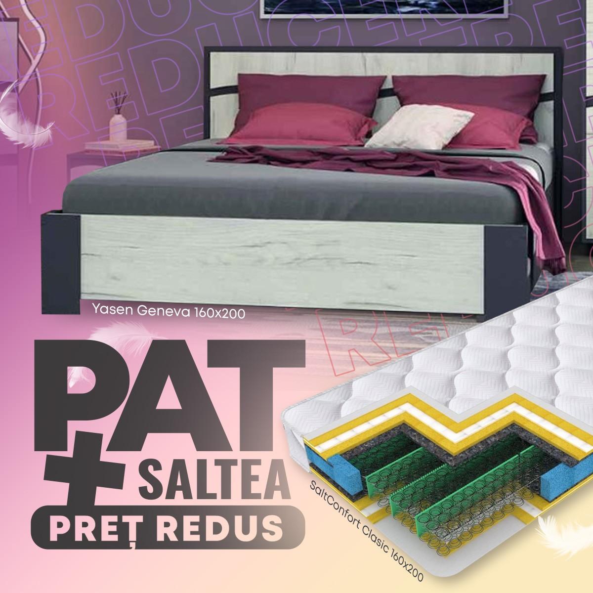 Pat Yasen Geneva 1.6 m  Grafit/Stejar Kraft Alb + Saltea Salt Confort Clasic 160x200