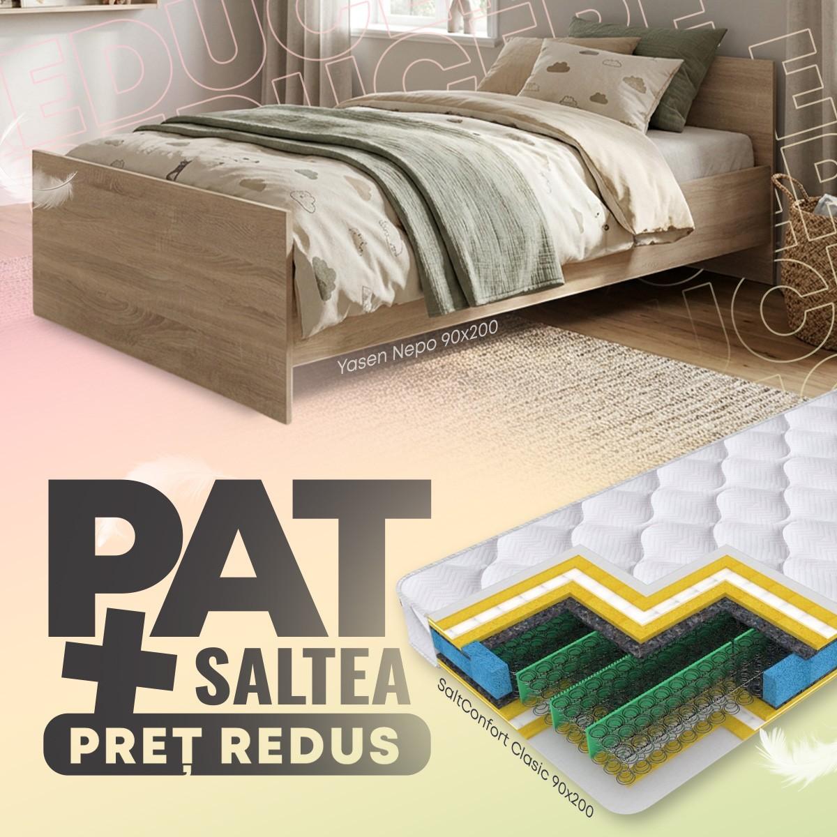 Pat copii Yasen Nepo 0.9 m Stejar Sonoma + Saltea Salt Confort Clasic 90x200