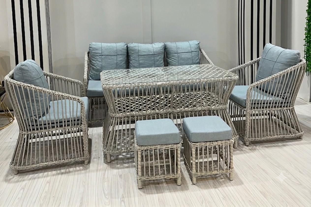 Set mobila de gradina Stars Plastik Paris Rattan 3+1+1 Puf 1+1 Ivory