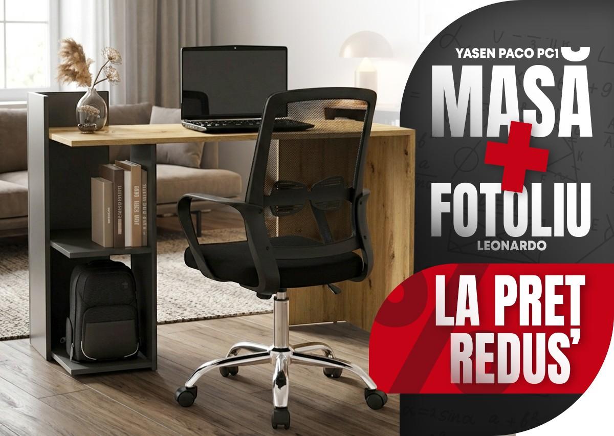 Masa de birou Yasen Paco PC1 Stejar Artizan / Antracit + Fotoliu Leonardo