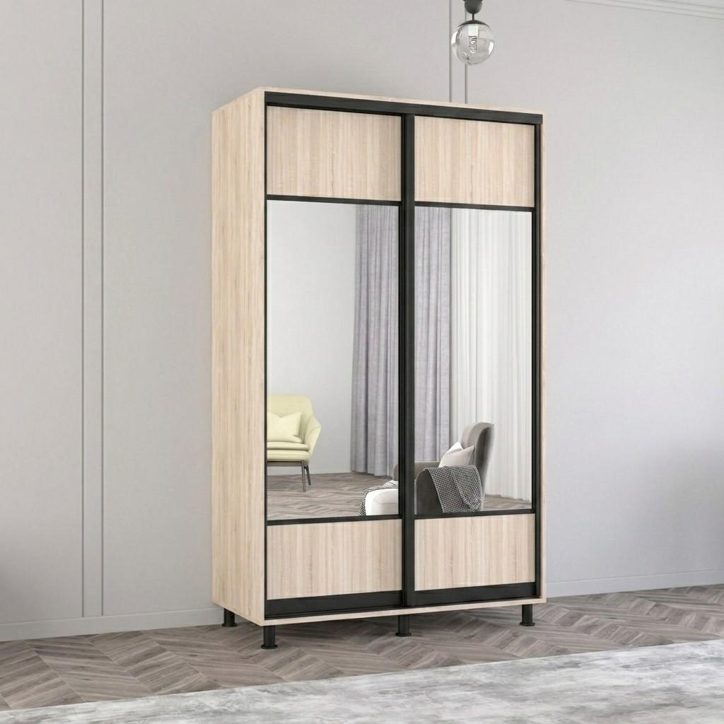 Шкаф-купе Mobildor Lux Aron 140 (2 зеркала K1-горизонтально) (профиль черный) Дуб Сонома