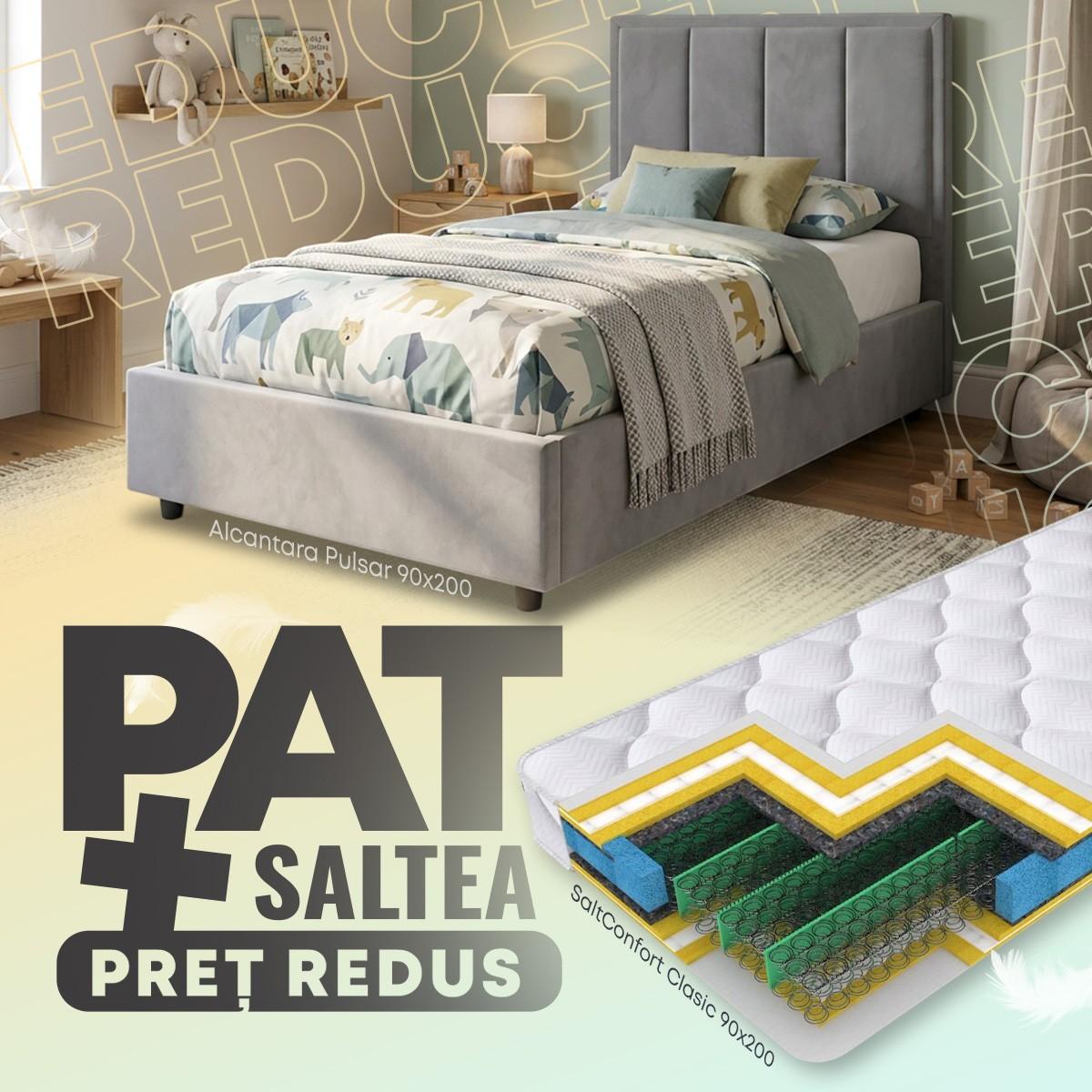 Pat copii Alcantara Pulsar 90x200 Gri + Saltea Salt Confort Clasic 90x200
