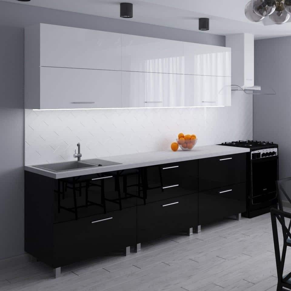 Set mobila bucatarie PS Blum 2.4 m (MDF lucioasa) Alb / Negru