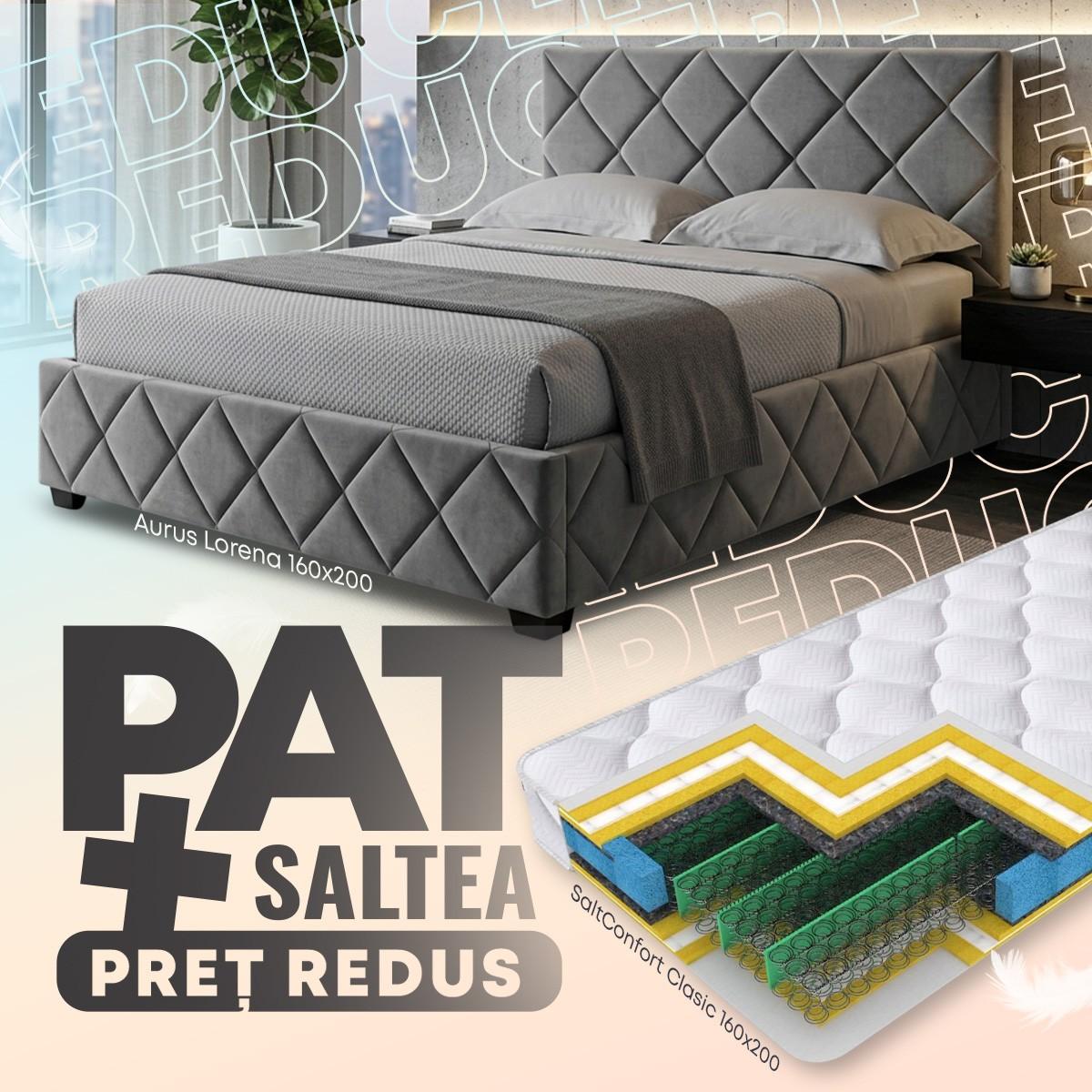 Pat Aurus Lorena 160x200 Gri + Saltea Salt Confort Clasic 160x200