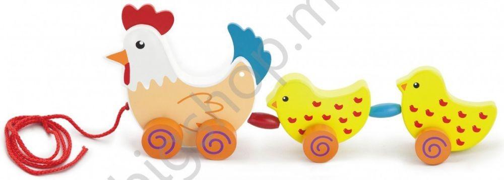 Jucarie interactiva VIGA Pull Along Hen with Two Chicks