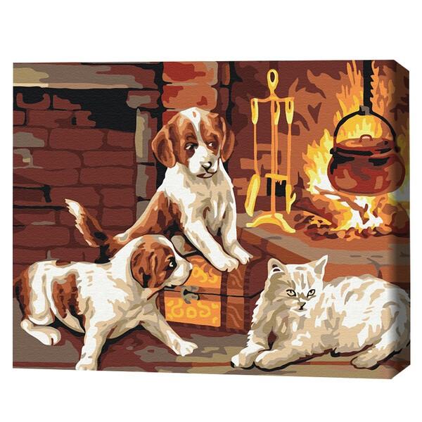 Tablou pe numere BrushMe Animalele dragi lângă şemineu BS31152