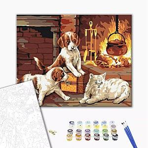 Tablou pe numere BrushMe Animalele dragi lângă şemineu BS31152