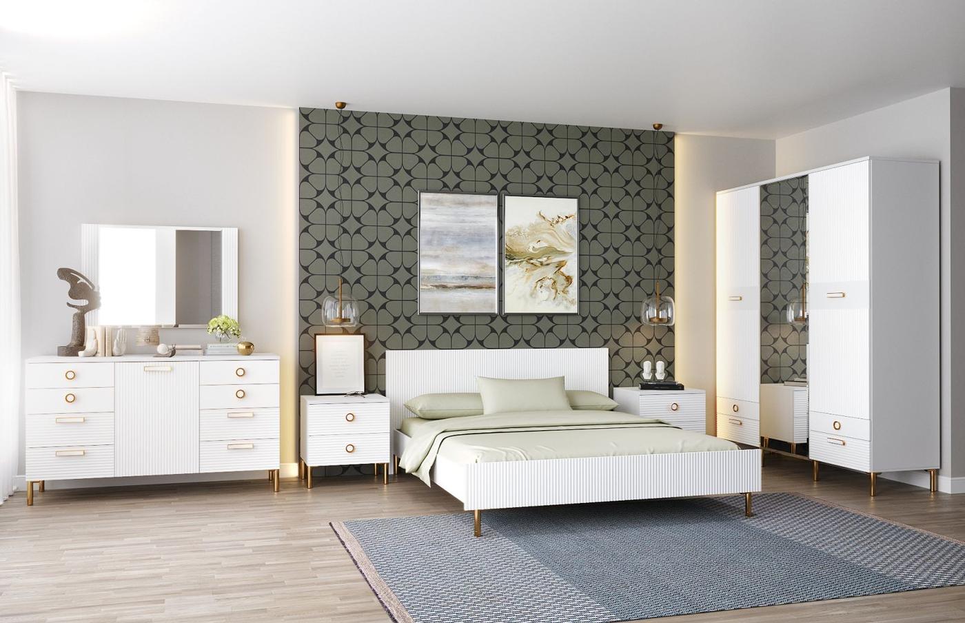 Set dormitor ML Mobila Velvet Nr.1 Alb/Auriu, Modern