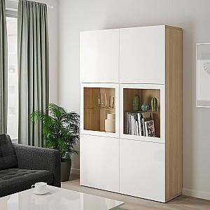 Dulap cu vitrina IKEA Besta antique oak / Selsviken white / glossy clear glass 120x40x192 cm