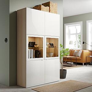 Dulap cu vitrina IKEA Besta antique oak / Selsviken white / glossy clear glass 120x40x192 cm