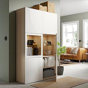 Dulap cu vitrina IKEA Besta antique oak / Selsviken white / glossy clear glass 120x40x192 cm