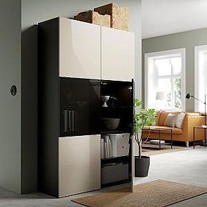 Dulap cu vitrina IKEA Besta black-brown / glossy Selsviken / smoky glass 120x40x192 cm