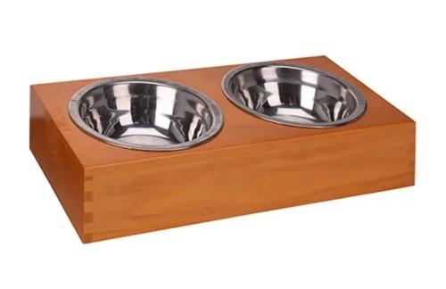 Bol de hrana pentru pisici VLM dublu 30X14X6cm metal, suport din lemn