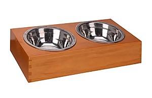 Bol de hrana pentru pisici VLM dublu 30X14X6cm metal, suport din lemn
