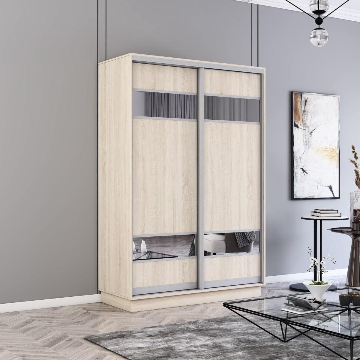 Dulap-cupe Mobildor Lux Fox 130 (2 PAL cu elemente din oglindă) Stejar Sonoma