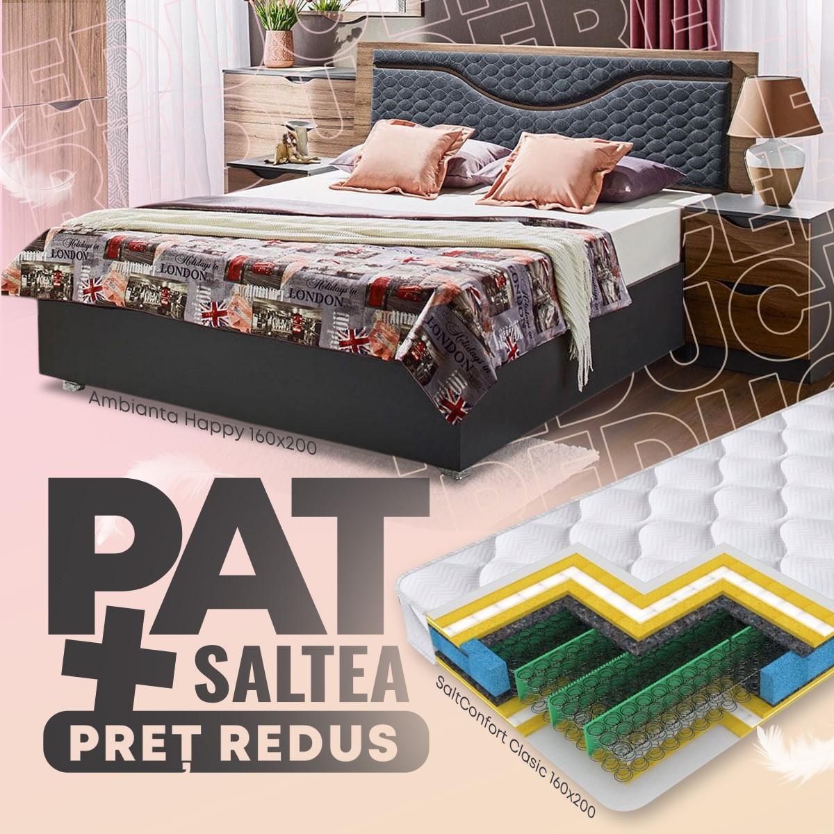 Pat Ambianta Happy 1.6 m Nuc / Gri + Saltea Salt Confort Clasic 160x200