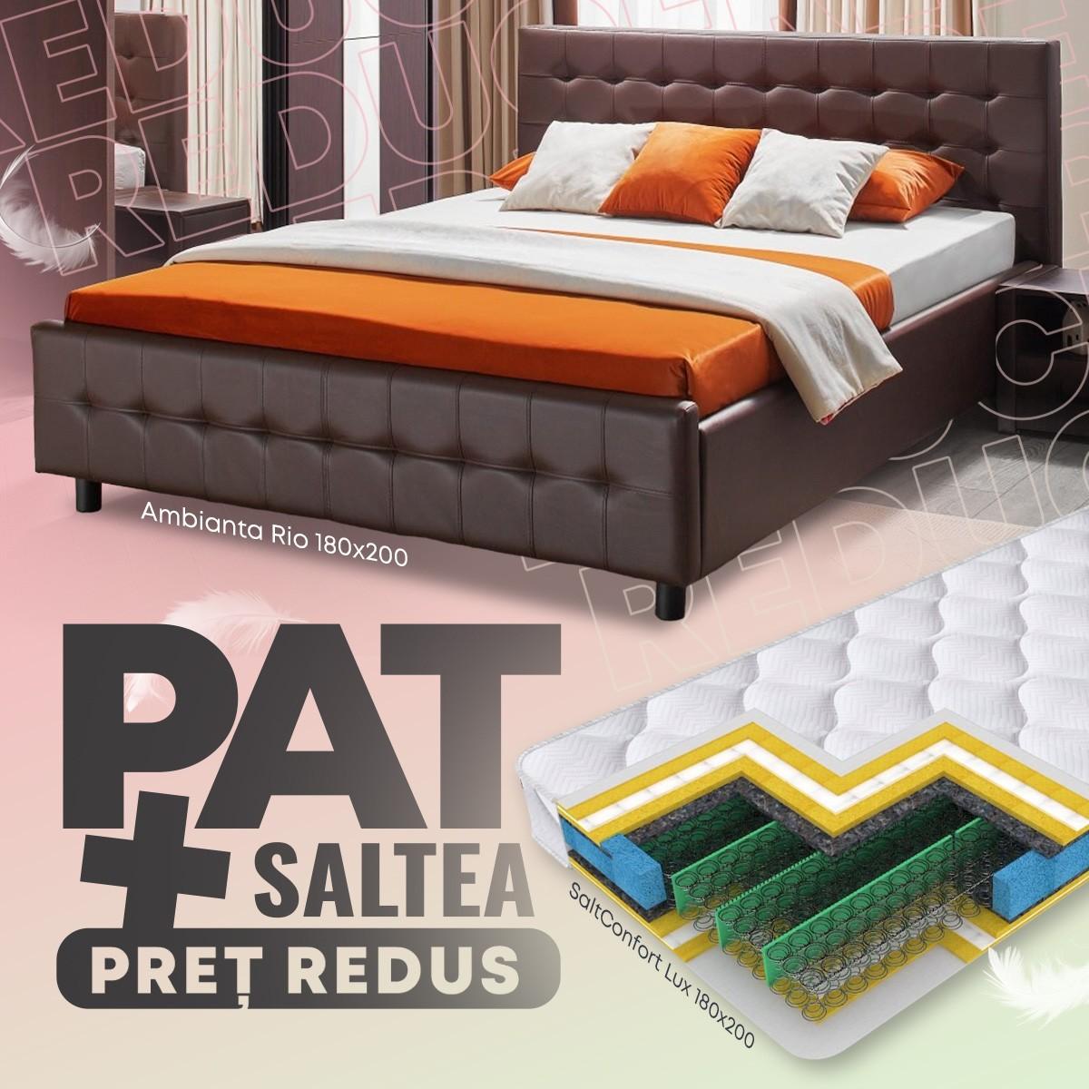 Pat Ambianta Rio 1.8 m Sonoma Închis + Saltea Salt Confort Lux 180x200