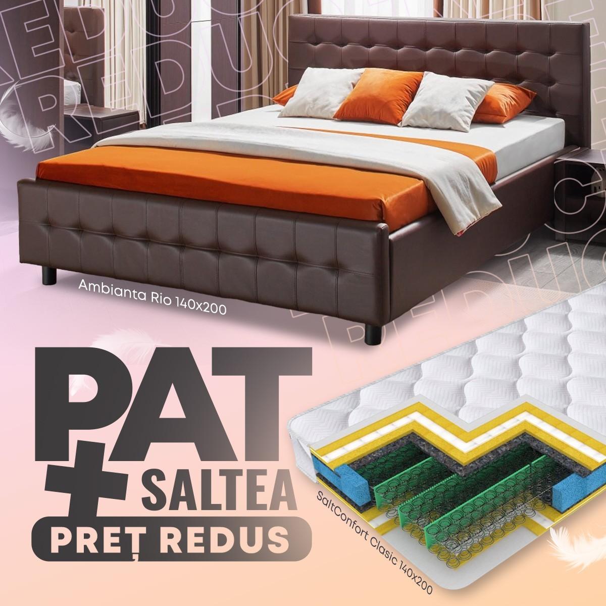 Pat Ambianta Rio 1.4 m Sonoma Închis + Saltea Salt Confort Clasic 140x200