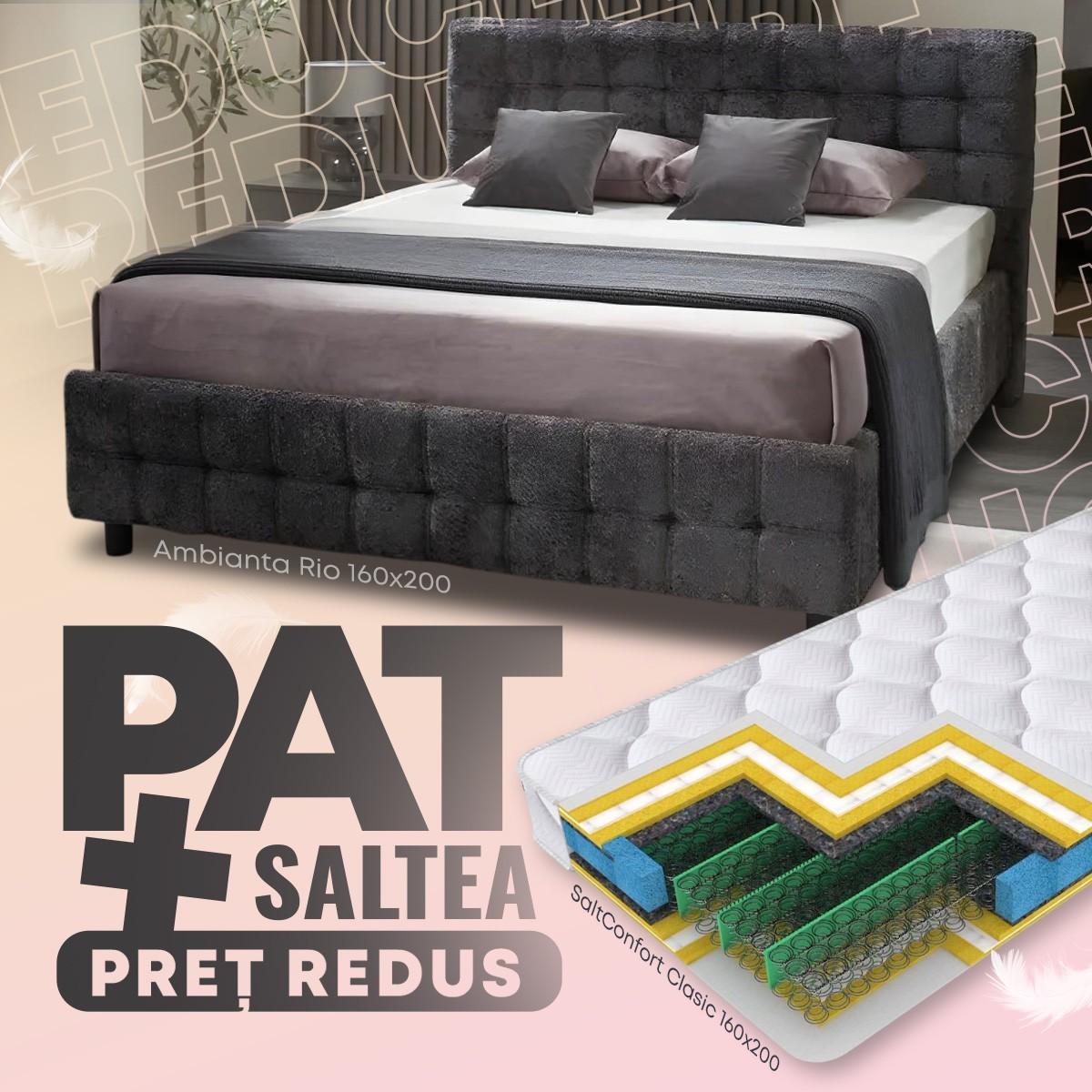 Pat Ambianta Rio 1.6 m Gri Închis + Saltea Salt Confort Clasic 160x200