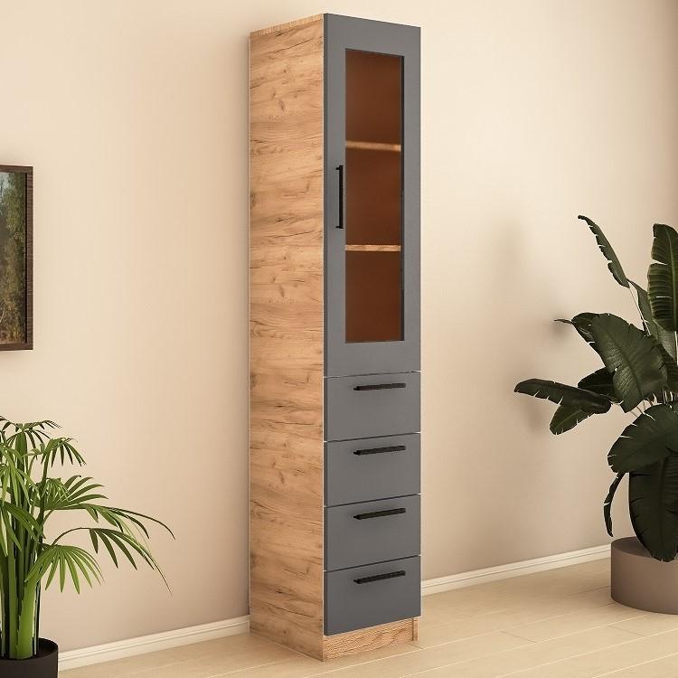 Dulap cu vitrina PS PZ-40 (4 sert.) Stejar Auriu / Grafit Gri