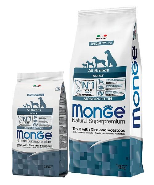 Hrana uscata pentru caini Monge DRY DOG ALL BREED ADULT Trout/Rice/Potatoes 2.5 kg