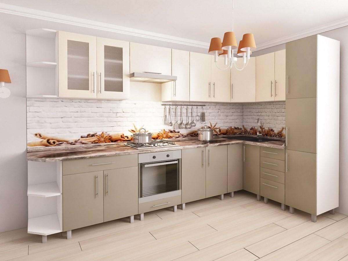 Set mobila bucatarie PS Corner 3.4x1.7 m (MDF lucioasa) Bianco Matt / Cappuccino