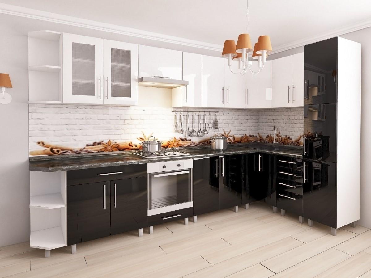 Set mobila bucatarie PS Corner 3.4x1.7 m (MDF lucioasa) Alb / Negru