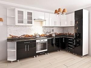 Set mobila bucatarie PS Corner 3.4x1.7 m (MDF lucioasa) Alb / Negru