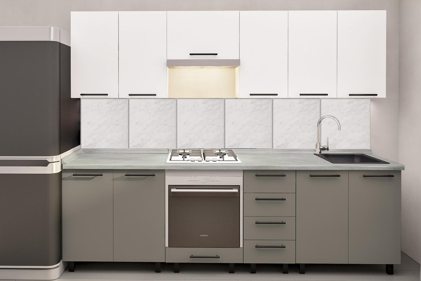 Set mobila bucatarie PS Iulia (Trendy Panel) 2.6 m White(Alb)/New Grey(Gri-Maroniu)