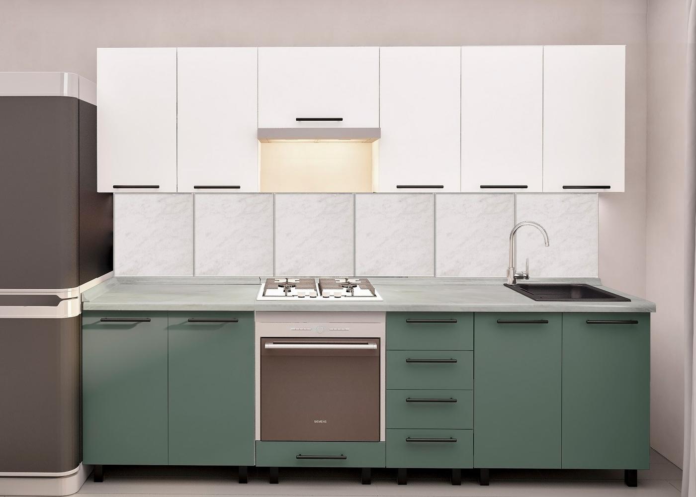 Set mobila bucatarie PS Iulia (Trendy Panel) 2.6 m White(Alb)/Relax Green(Verde)