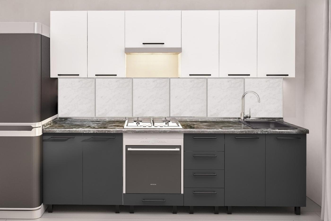 Set mobila bucatarie PS Iulia (Trendy Panel) 2.6 m White(Alb)/Storm Grey(Gri)