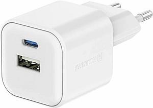 Incarcator telefon SWISSTEN GaN 1xUSB-C 35W PD + 1xUSB-A 27W QC White