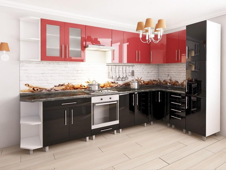 Set mobila bucatarie PS Corner 3.4x1.7 m (MDF lucioasa) Rosu / Negru