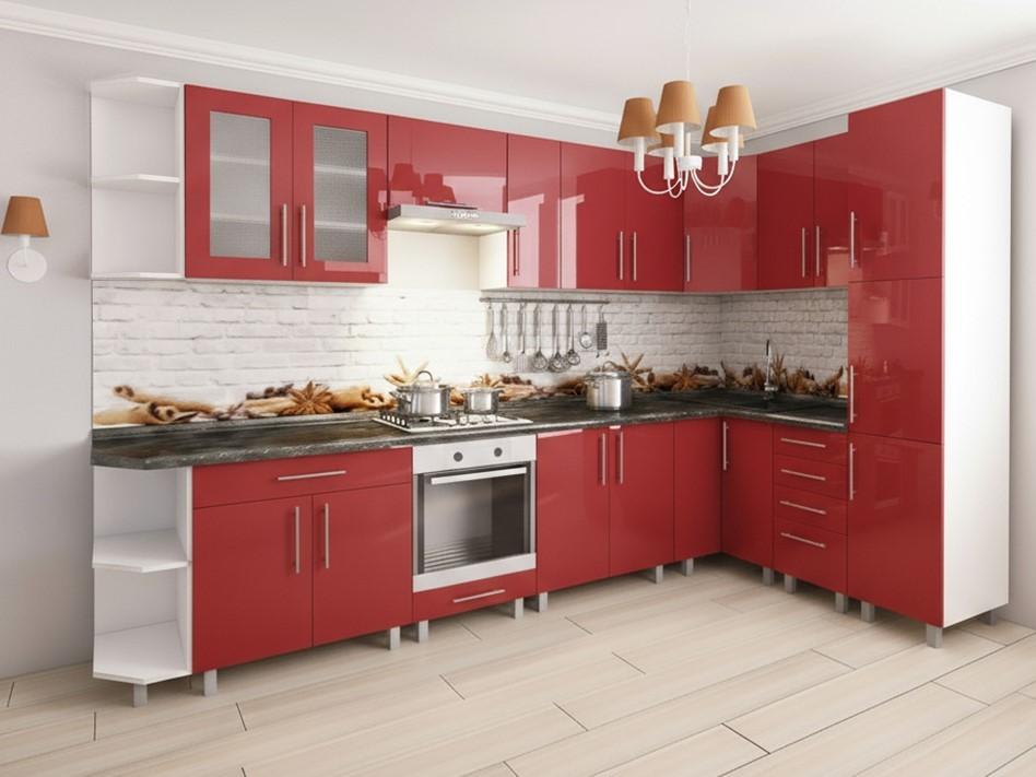 Set mobila bucatarie PS Corner 3.4x1.7 m (MDF lucioasa) Rosu