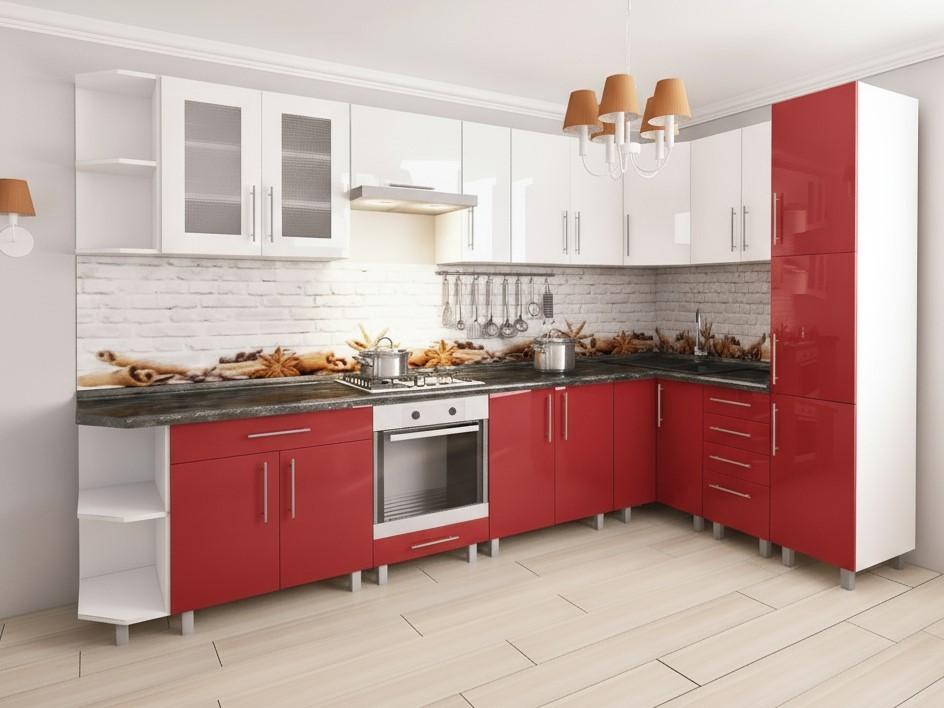 Set mobila bucatarie PS Corner 3.4x1.7 m (MDF lucioasa) Alb / Rosu