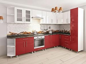 Set mobila bucatarie PS Corner 3.4x1.7 m (MDF lucioasa) Alb / Rosu