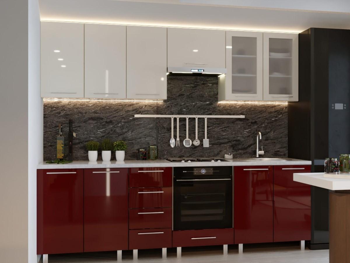 Set mobila bucatarie PS Iulia 2.6 m (MDF lucioasa) Bianco / Bordo