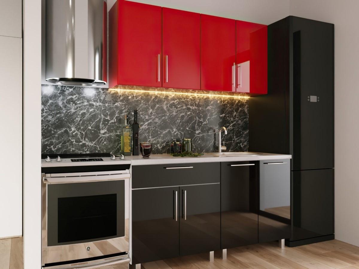Set mobila bucatarie PS Mini 1.6 m (MDF lucioasa) Rosu / Negru