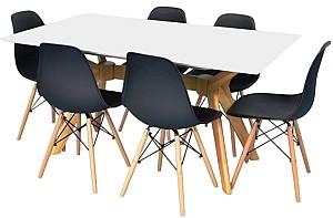 Set de masa si scaune Evelin Raffles Rectangular White / Bella Beech + 6 scaune LC-021 Black