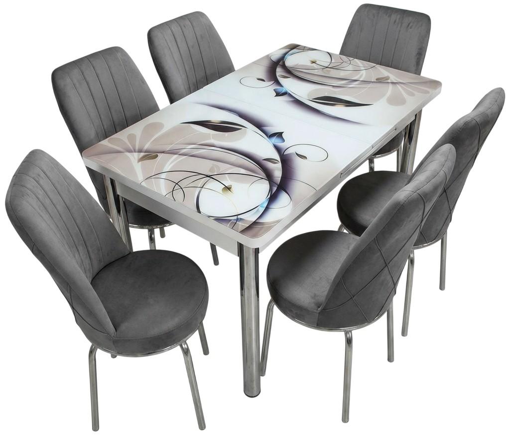 Set de masa si scaune VLM Kelebek Floral + 6 scaune Econom Gri Închis