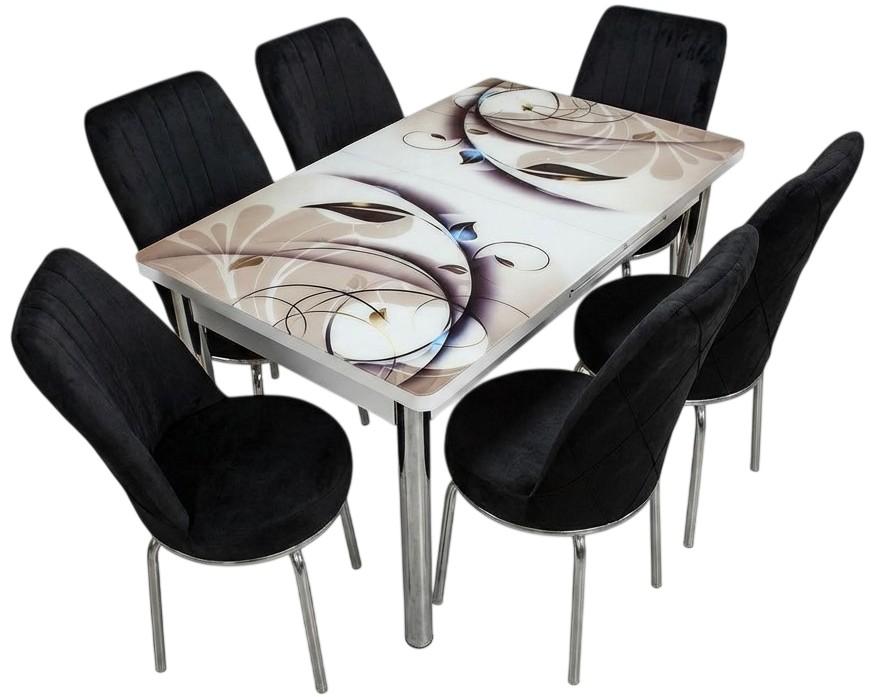 Set de masa si scaune VLM Kelebek Floral + 6 scaune Econom Negru