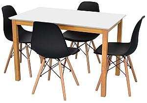Set de masa si scaune Evelin Gloria White (Alb) / Bella Beech (Natural) + 4 scaune LC-021 Black (Negru)