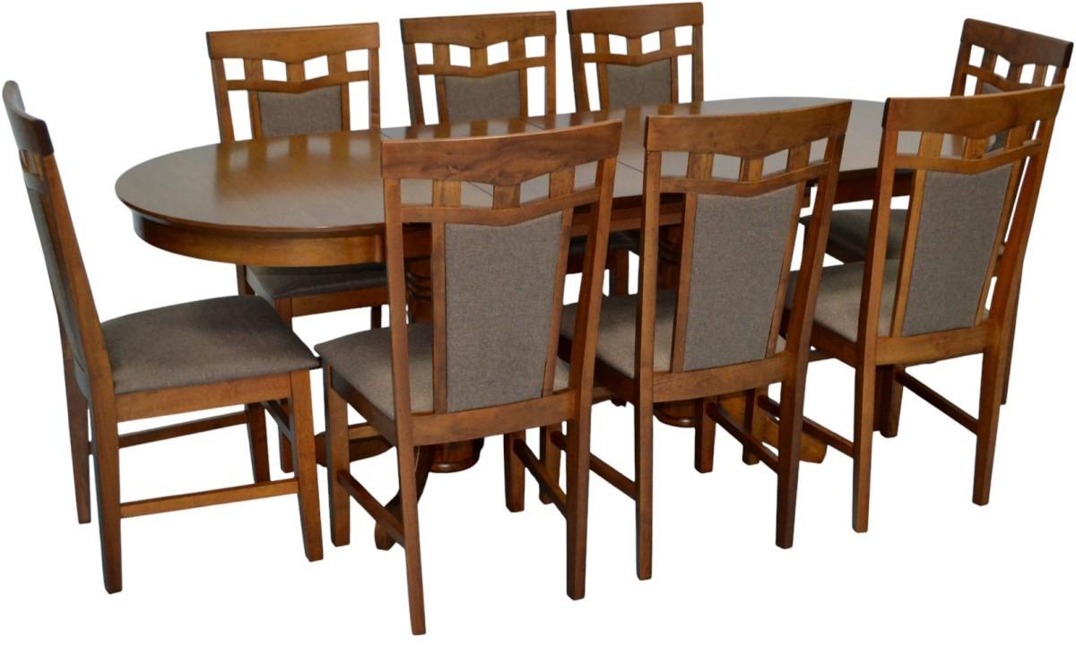 Set de masa si scaune Evelin HV-31N Burnish Oak + 8 scaune Deepa R Burnish Oak / Ekea12 Dark Brown