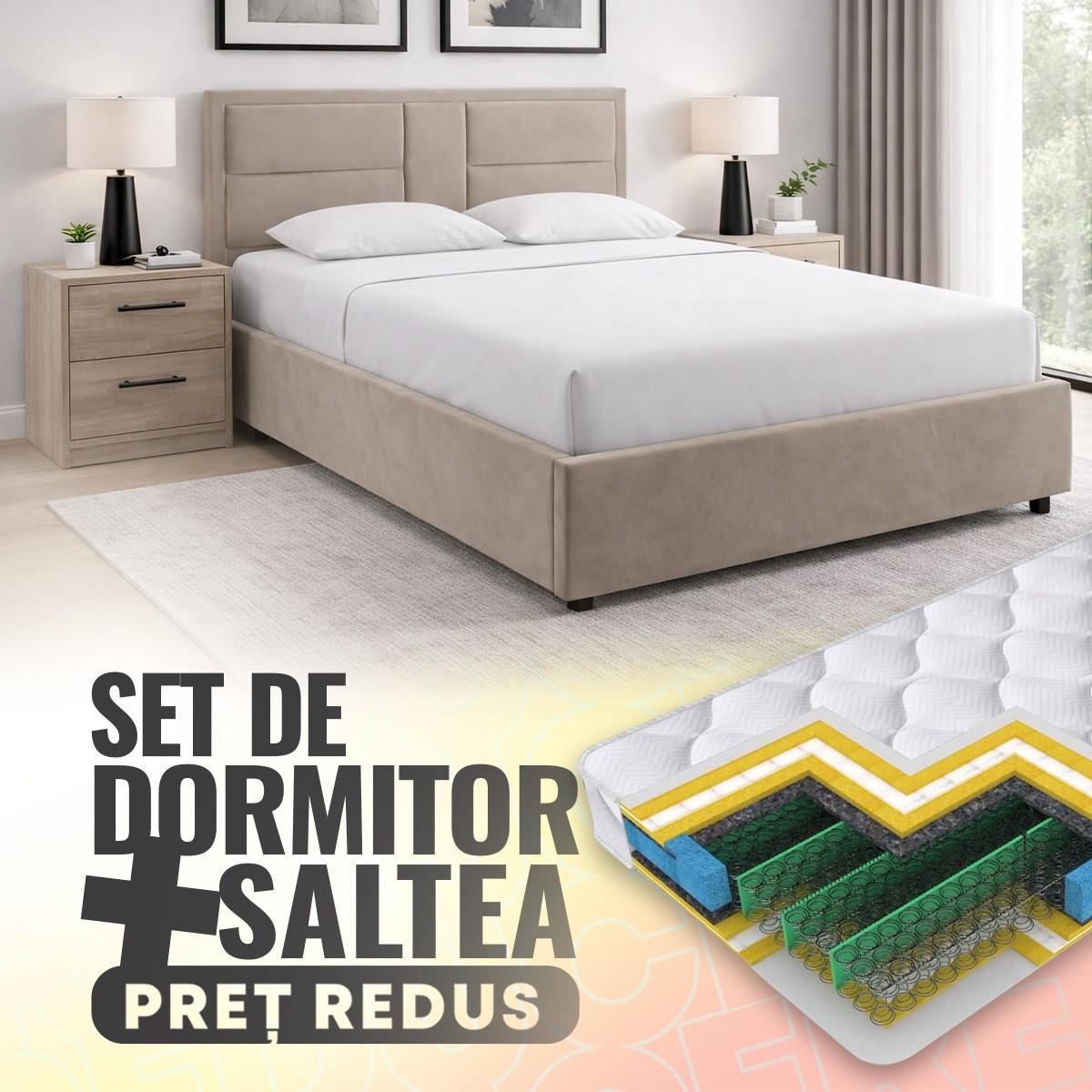 Set dormitor Alcantara Sidney 160x200 Bej + Noptiere PAL Stejar Sonoma + Saltea Salt Confort Clasic 160x200