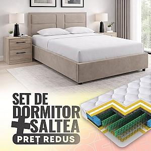 Set dormitor Alcantara Sidney 160x200 Bej + Noptiere PAL Stejar Sonoma + Saltea Salt Confort Clasic 160x200