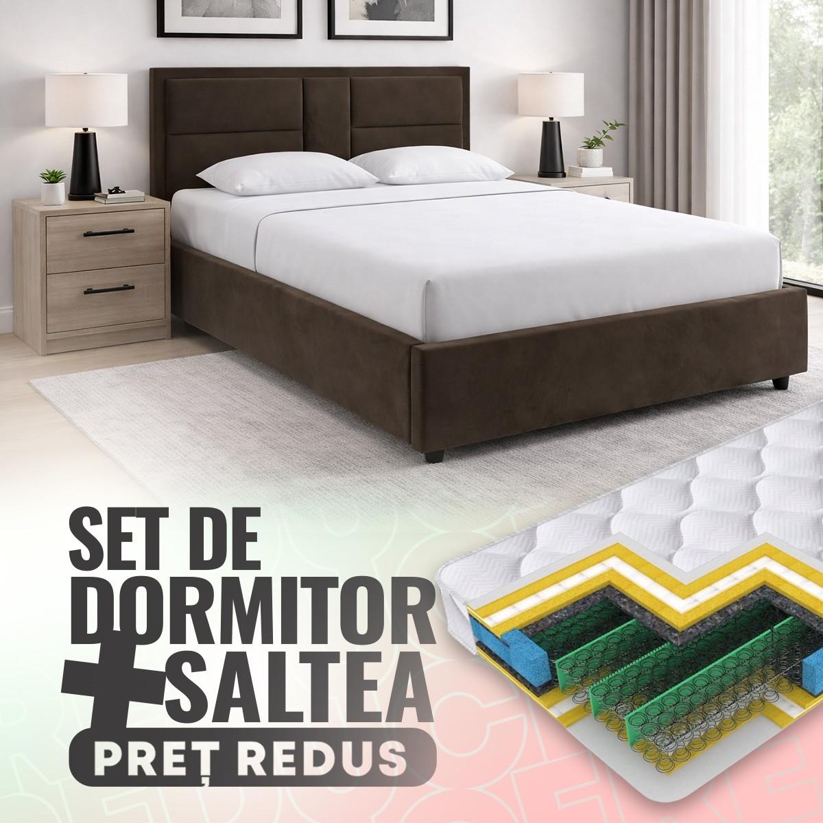 Set dormitor Alcantara Sidney 160x200 Maro + Noptiere PAL Stejar Sonoma + Saltea Salt Confort Clasic 160x200