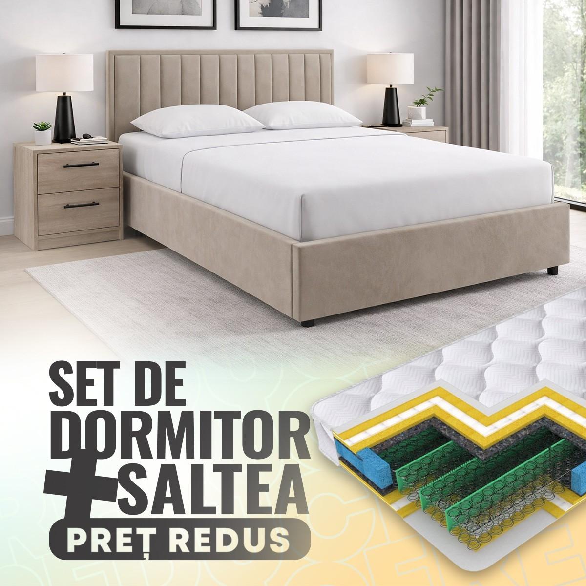 Set dormitor Alcantara Pulsar 160x200 Bej + Noptiere PAL Stejar Sonoma + Saltea Salt Confort Clasic 160x200