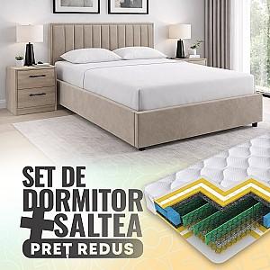 Set dormitor Alcantara Pulsar 160x200 Bej + Noptiere PAL Stejar Sonoma + Saltea Salt Confort Clasic 160x200
